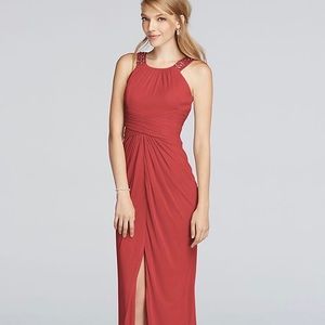 David's Bridal Long Beaded U Neck Prom WITH FLATS!